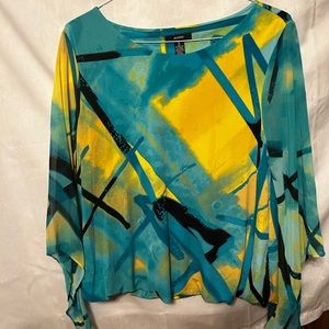 Sheer butterfly sleeves in teal, black and yellow. Bodice is lined with black.